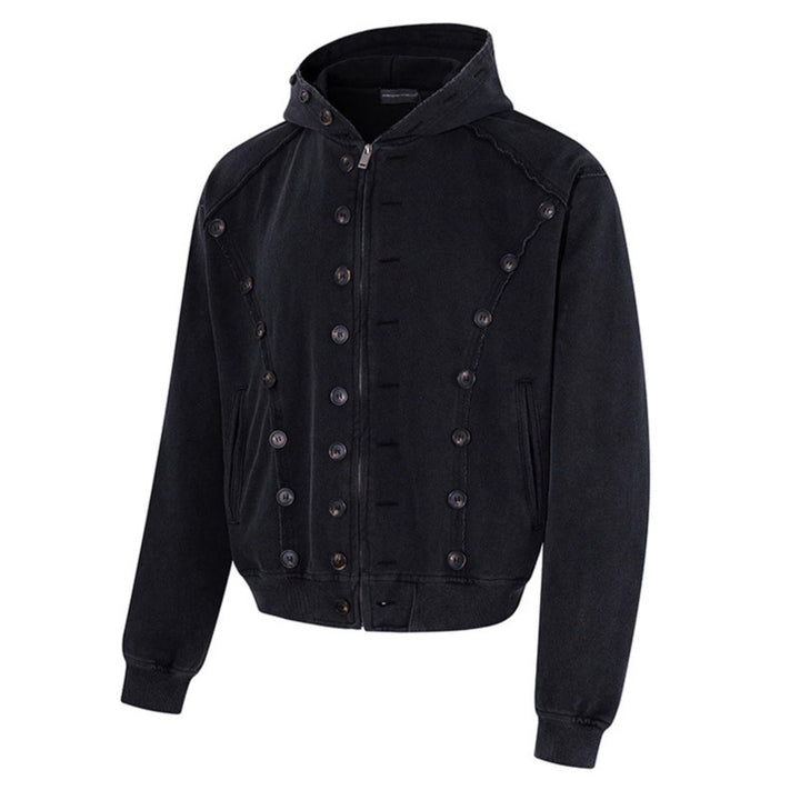 Herren Kapuzen-Zipjacke mit dekorischer Knopfreihe, vintage-inspirierter Waschung und elastischem Saum Drune