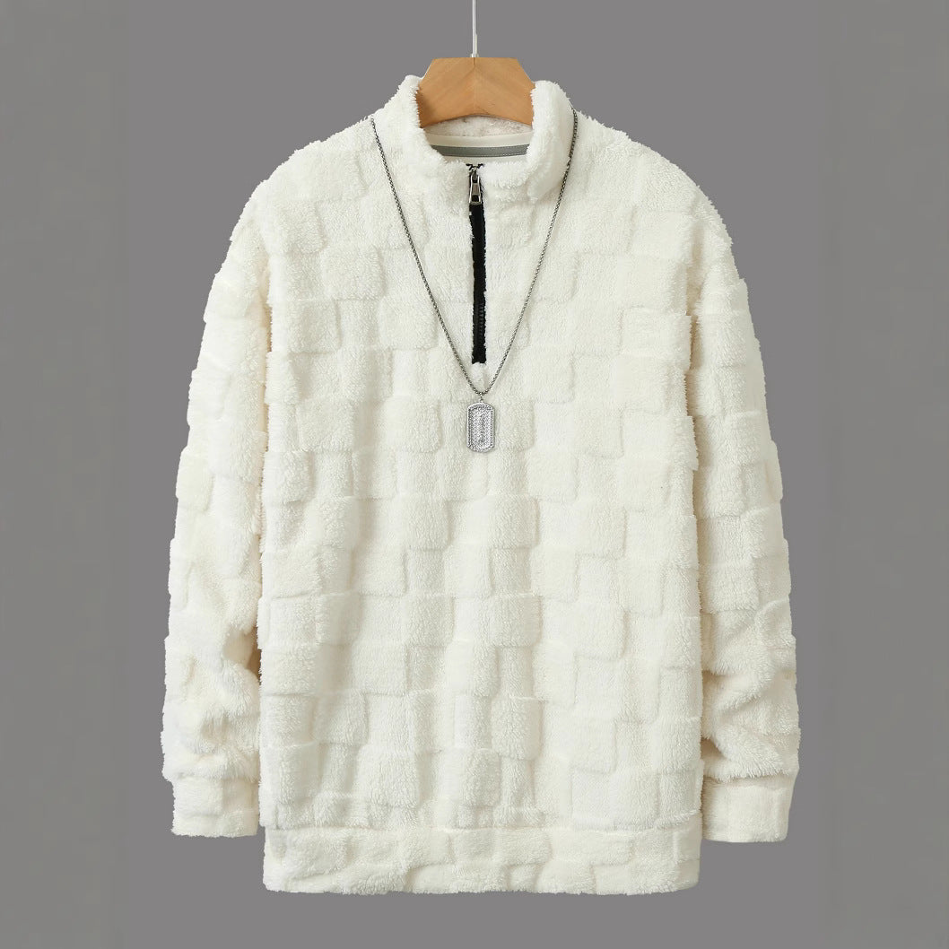 Herren karierter Sherpa-Halbzip-Pullover mit hohem Stehkragen und weicher Teddy-Fleece-Qualität Drune