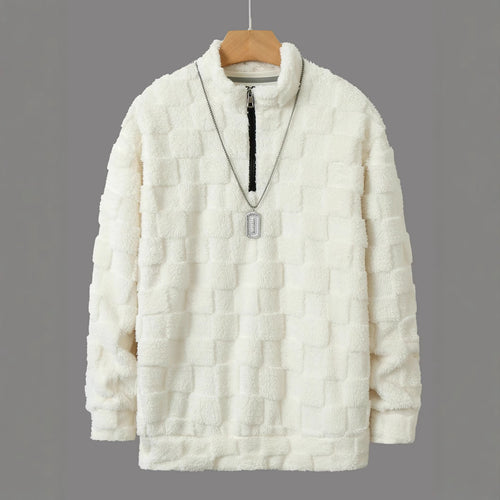 Herren karierter Sherpa-Halbzip-Pullover mit hohem Stehkragen und weicher Teddy-Fleece-Qualität Drune