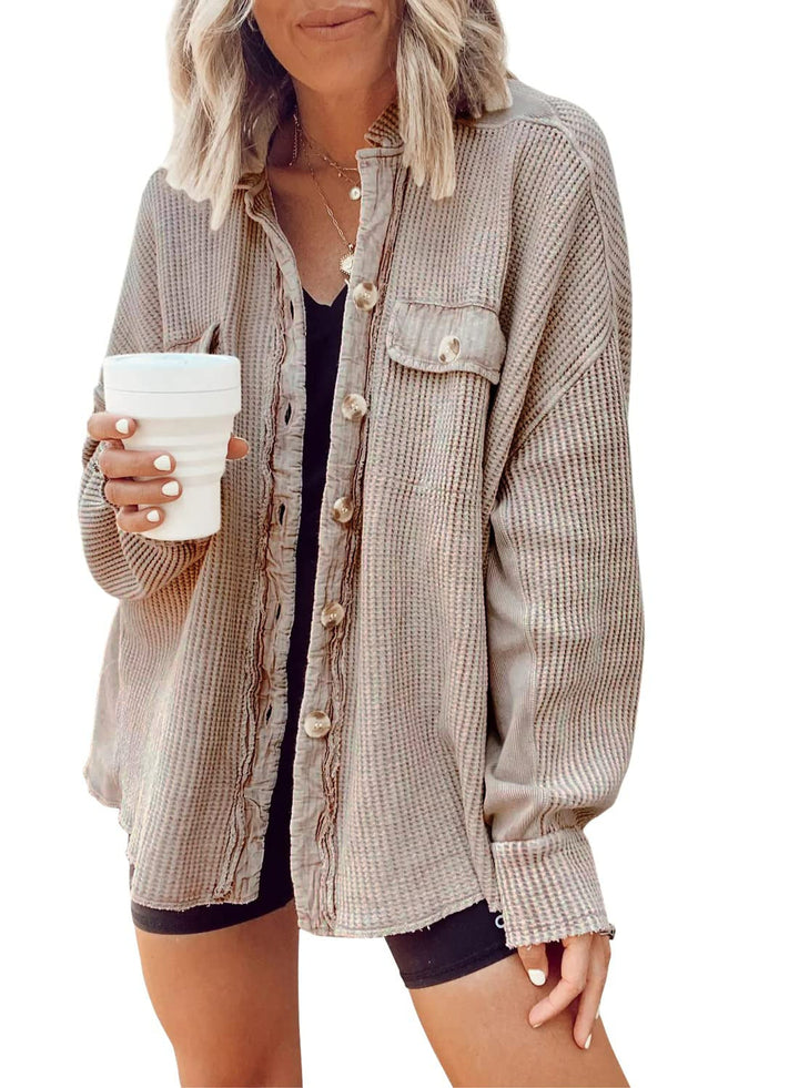 Damen Lässige Waffle-Strickjacke mit praktischen Taschen und Knopfdetails Drune