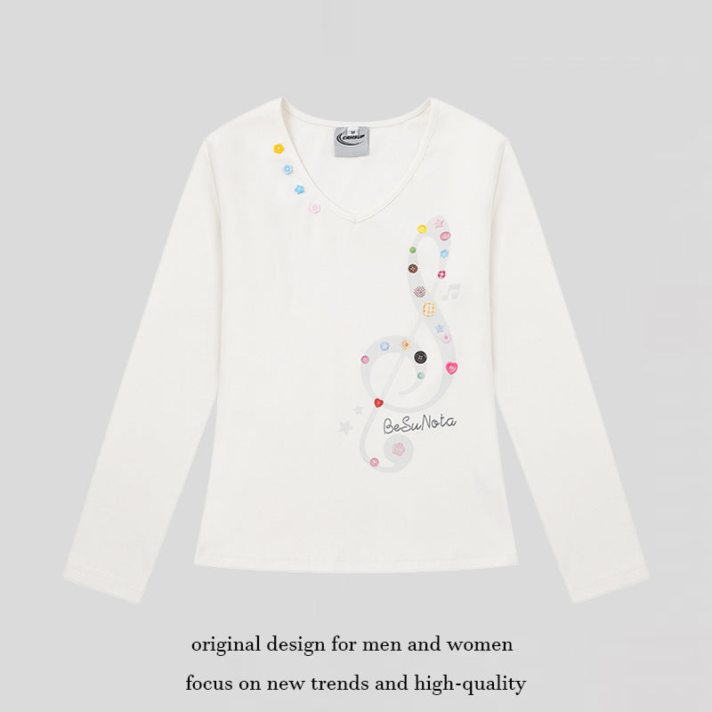 Damen Langarmshirt mit V-Ausschnitt und Notenschlüssel-Applikationen Drune
