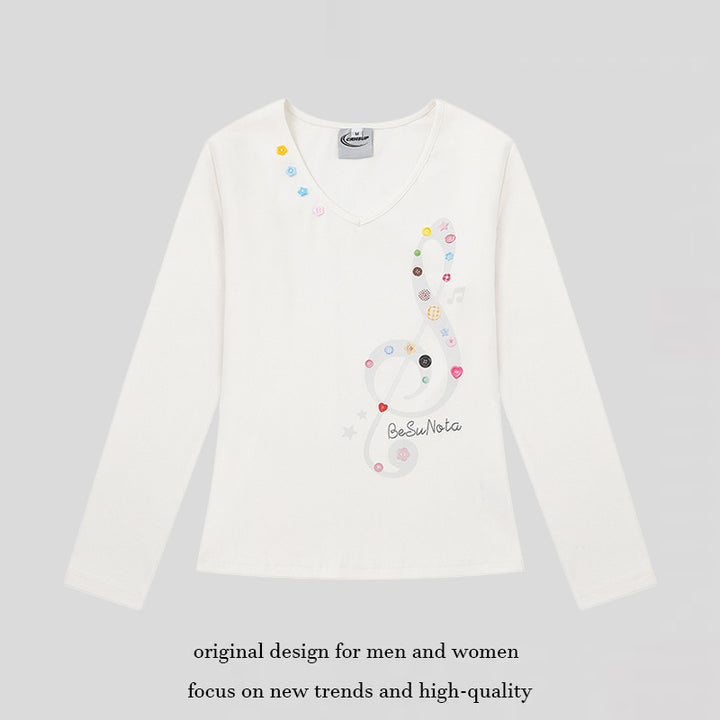 Damen Langarmshirt mit V-Ausschnitt und Notenschlüssel-Applikationen Drune
