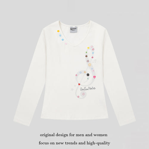 Damen Langarmshirt mit V-Ausschnitt und Notenschlüssel-Applikationen Drune