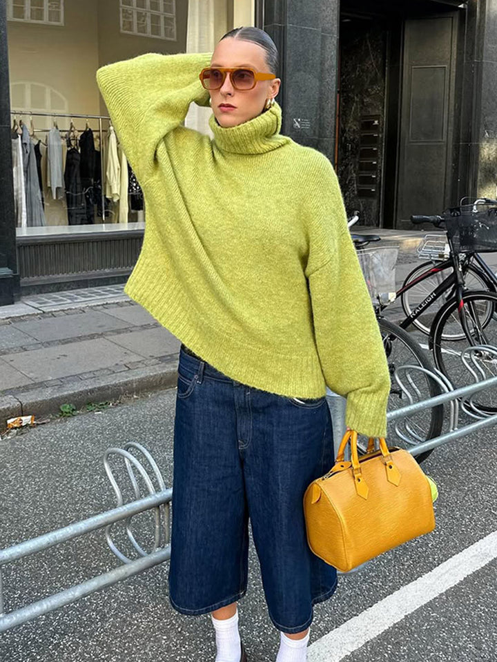 Damen gemütlicher Strickpullover mit hohem Kragen und überschnittenen Schultern Drune
