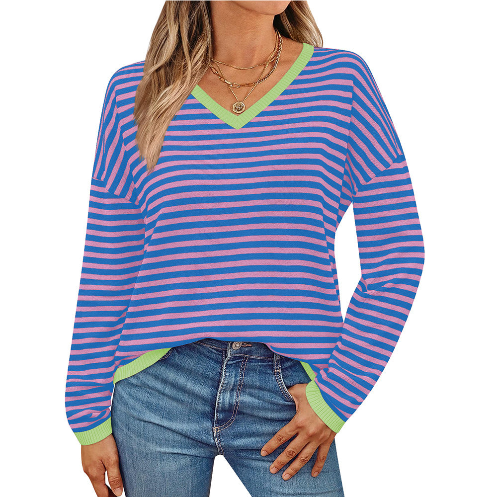 Damen lässiger Pullover mit niedrigem V-Ausschnitt und buntem Streifenmuster Drune