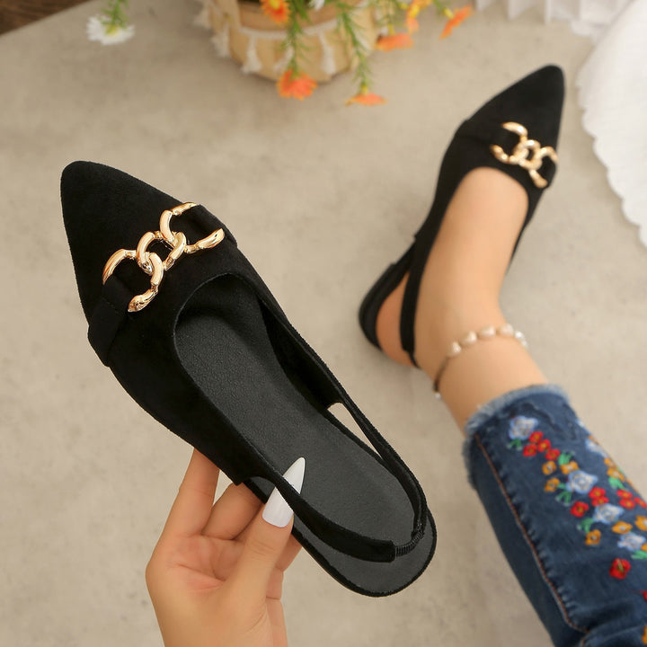 Damen Ballerinas mit Fersenriemen, spitzer Kappe und goldener Kettenverzierung Drune