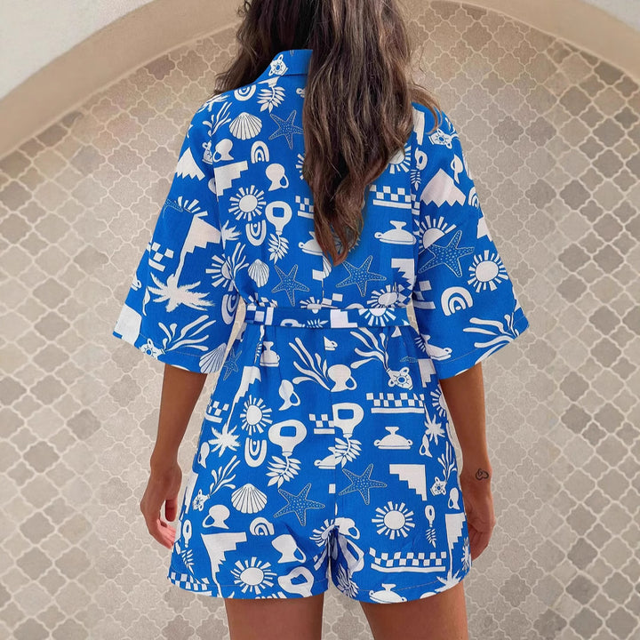 Damen Leichte Kurzarm-Bluse mit Bindegürtel Drune