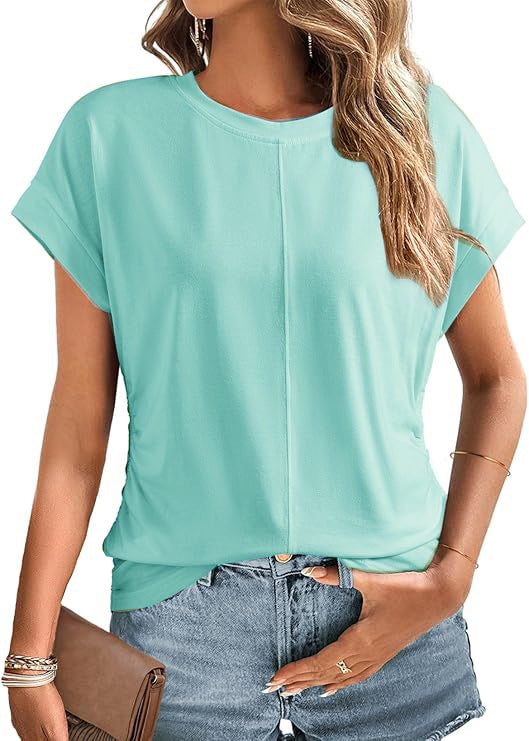 Damen Relaxed-Fit Kurzarmshirt mit dekorativer Mittelnähte und Umschlagärmeln Drune