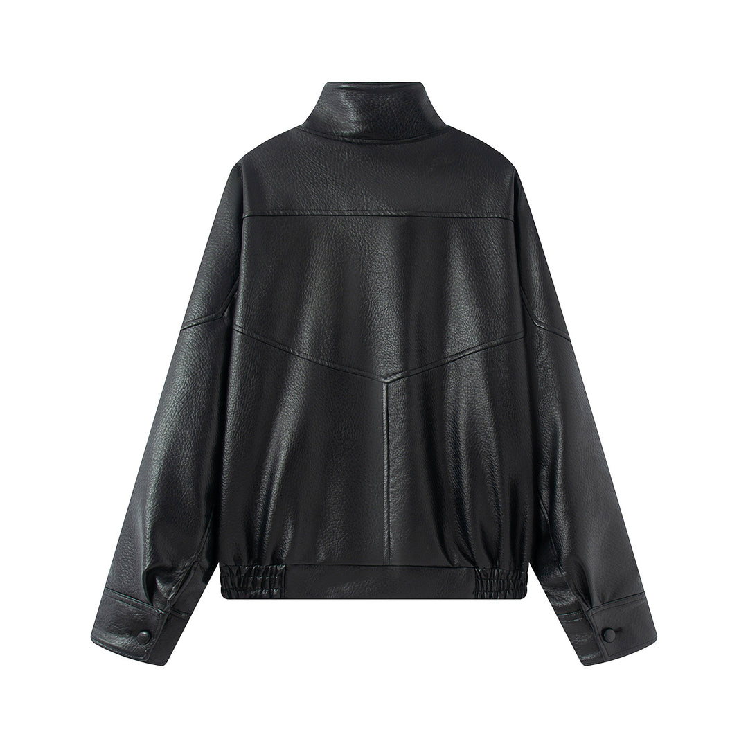 Damen nan asymmetrische Oversize Kunstlederjacke mit Stehkragen, Schulterklappen und Tunnelzugsaum Drune
