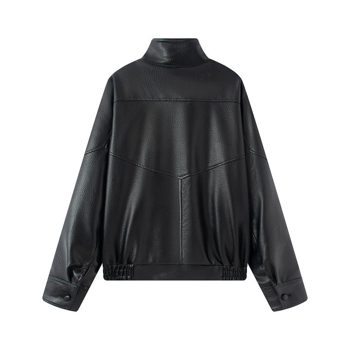 Damen nan asymmetrische Oversize Kunstlederjacke mit Stehkragen, Schulterklappen und Tunnelzugsaum Drune