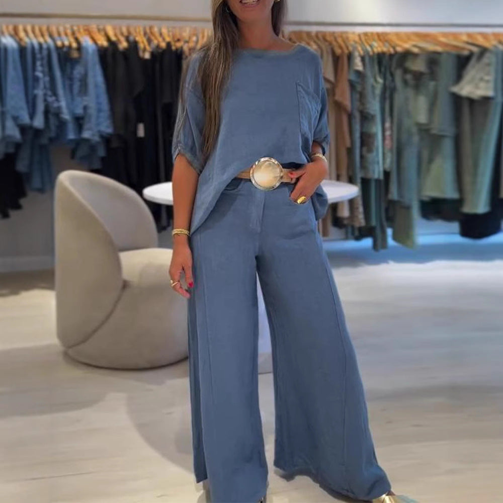 Damen nan Leinenmix-Zweiteiler mit kastigem Oversize-Shirt, Brusttasche und weiter Palazzohose Drune
