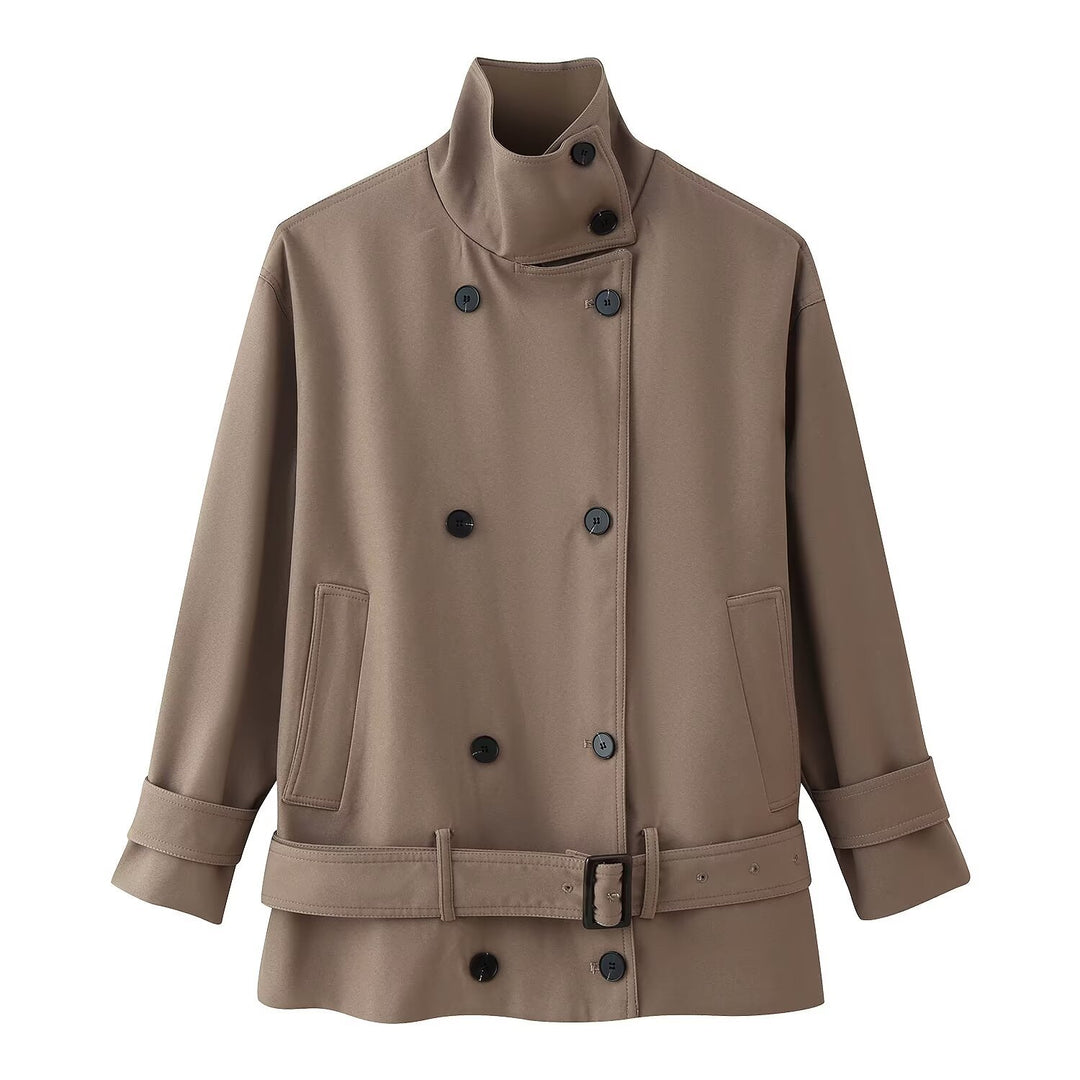 Damen Kurzer doppeltreihiger Trenchcoat mit Stehkragen und Taillengürtel Drune