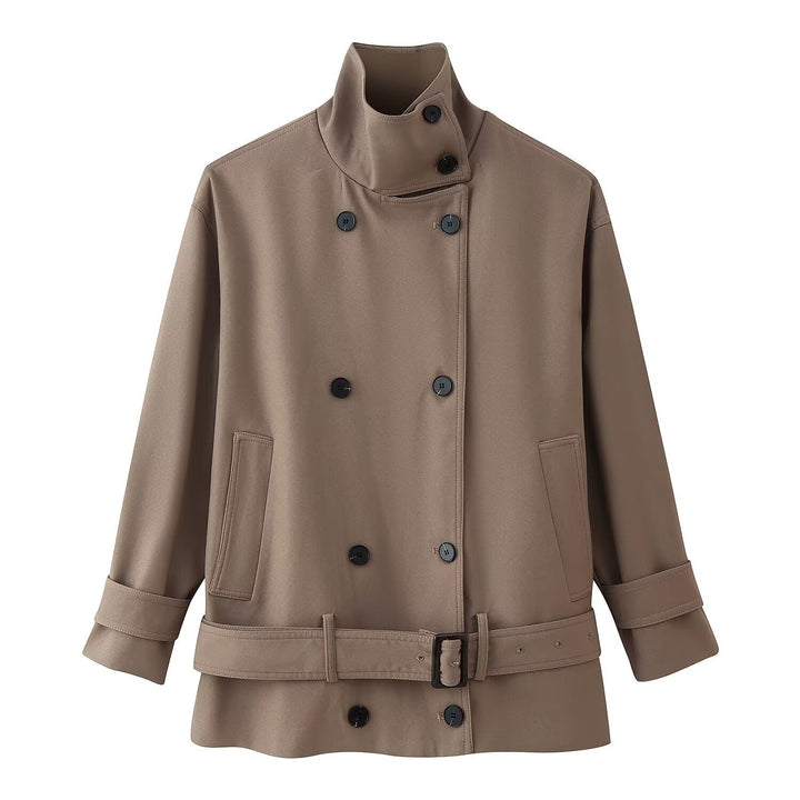 Damen Kurzer doppeltreihiger Trenchcoat mit Stehkragen und Taillengürtel Drune