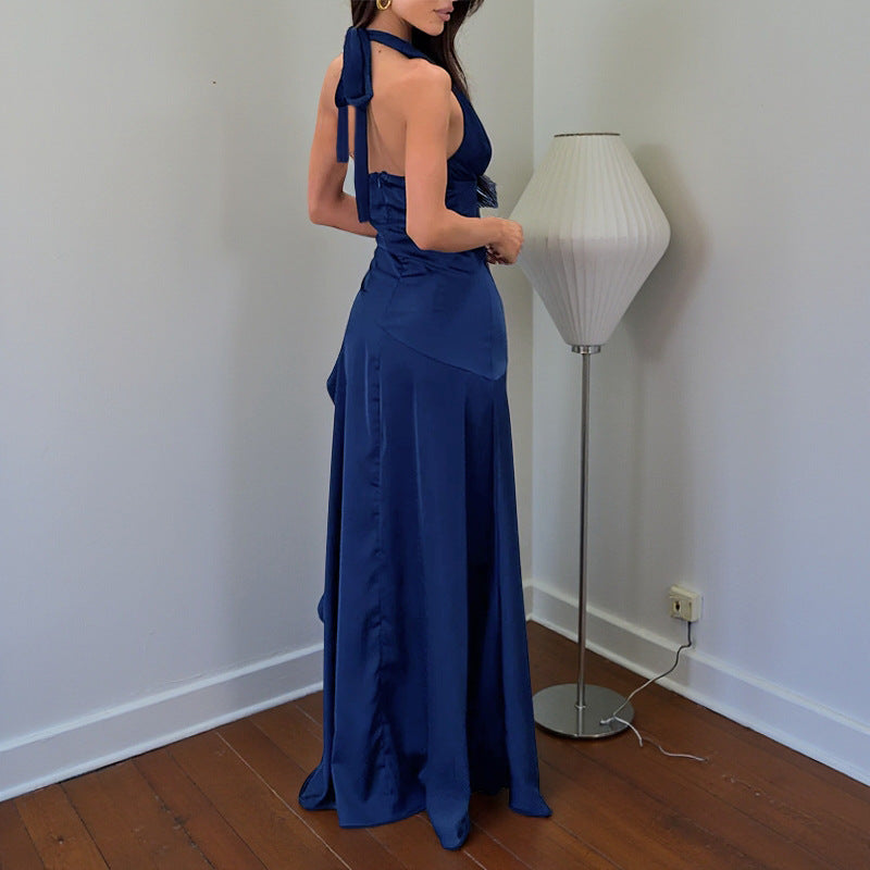 Damen asymmetrisches Satin-Maxikleid mit tiefem V-Ausschnitt Drune
