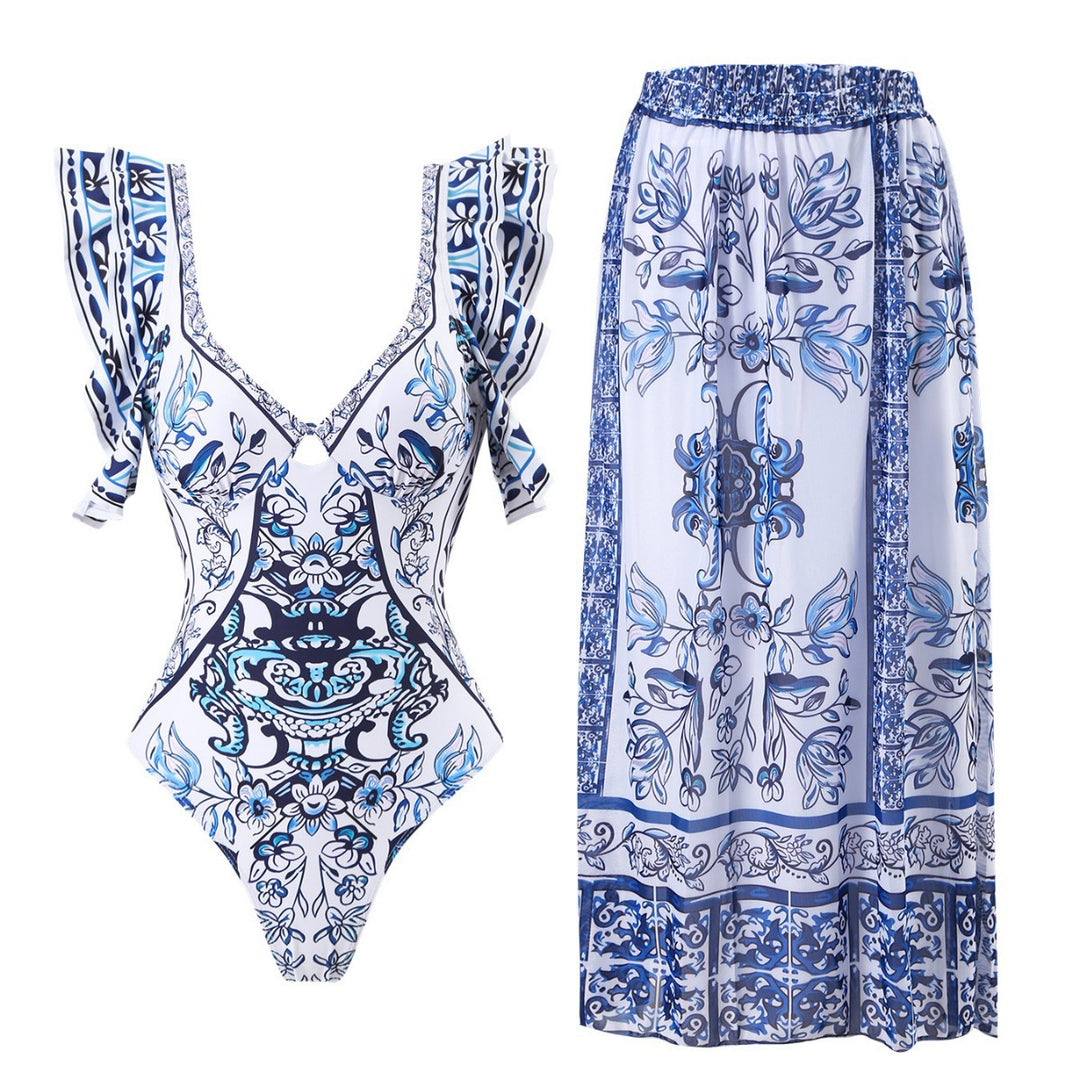 Damen Badeanzug-Set mit voluminösen Rüschendetails und elegantem Wickelrock Drune