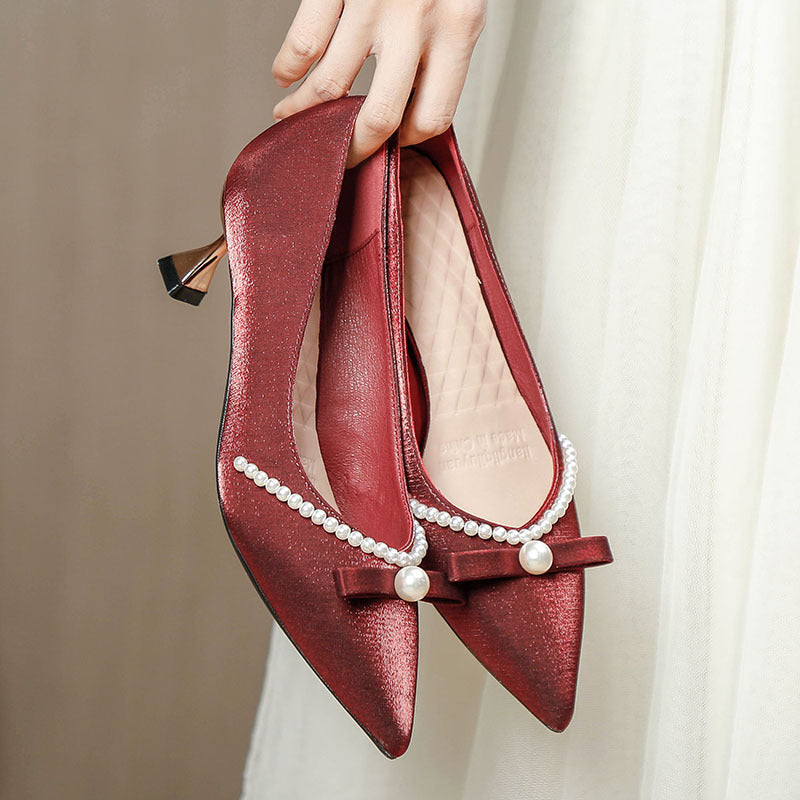 Damen elegante Pumps mit Perlenapplikation und raffinierter Schleife Drune