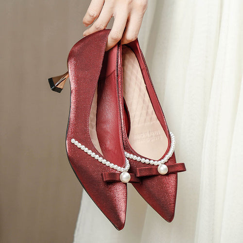 Damen elegante Pumps mit Perlenapplikation und raffinierter Schleife Drune