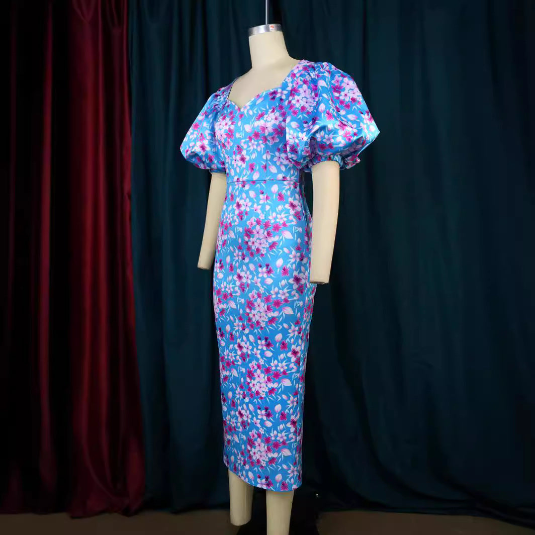 Damen Elegantes Kleid mit voluminösen Puffärmeln und floralem Muster Drune