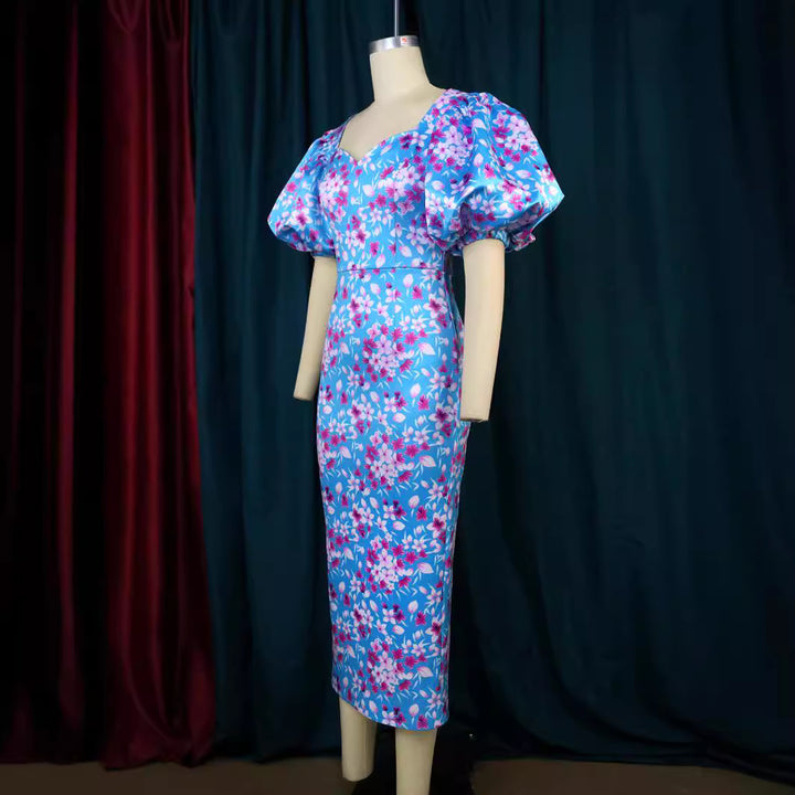 Damen Elegantes Kleid mit voluminösen Puffärmeln und floralem Muster Drune