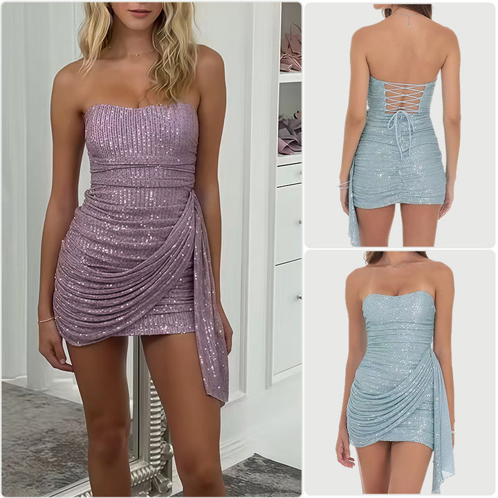 Damen Glamouröses Minikleid mit funkelnden Pailletten und asymmetrischem Schnitt Drune