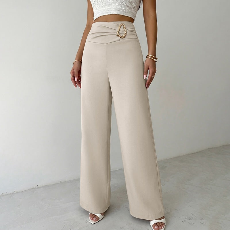 Damen Weitgeschnittene Hose mit Hohem Bund und Dekorativem Gürtel Drune