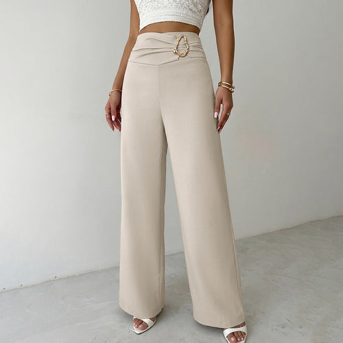 Damen Weitgeschnittene Hose mit Hohem Bund und Dekorativem Gürtel Drune