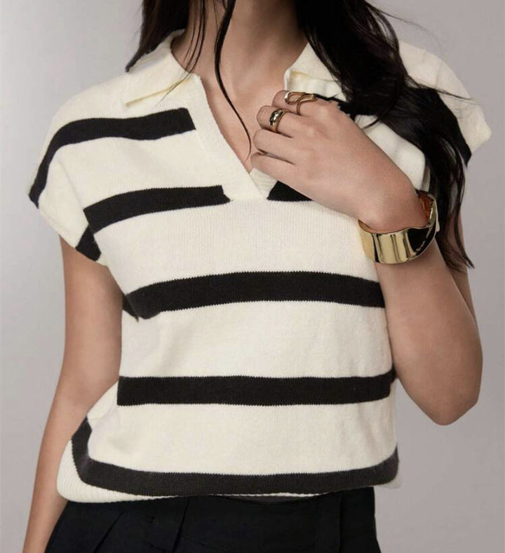 Damen Gestreiftes Kurzarm-Stricktop mit V-Kragen und überschnittener Schulter Drune