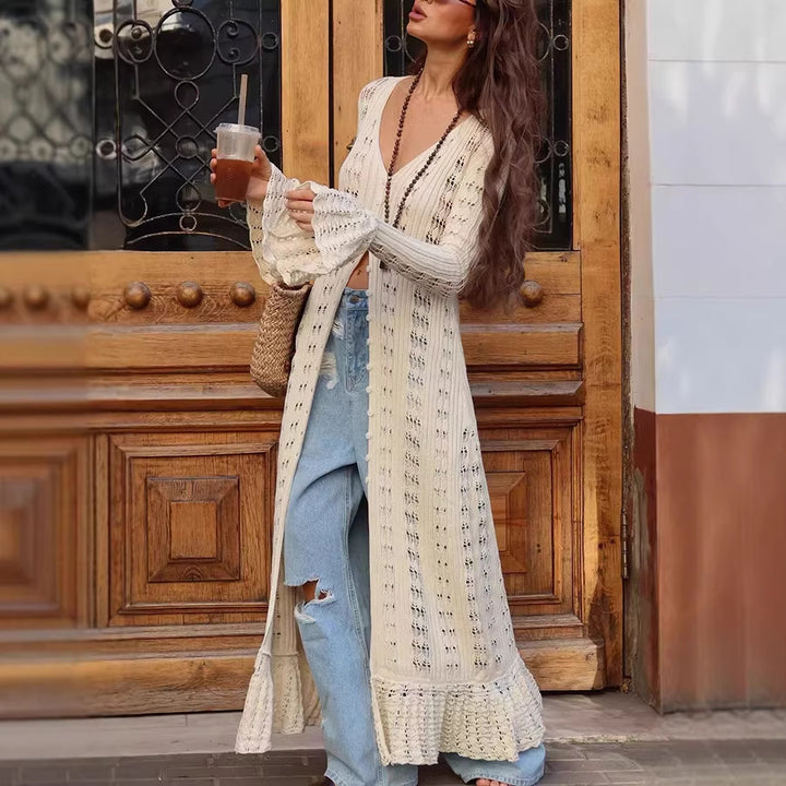 Damen Langer Häkelstrick-Cardigan mit Glockenärmeln und Offener Front Drune