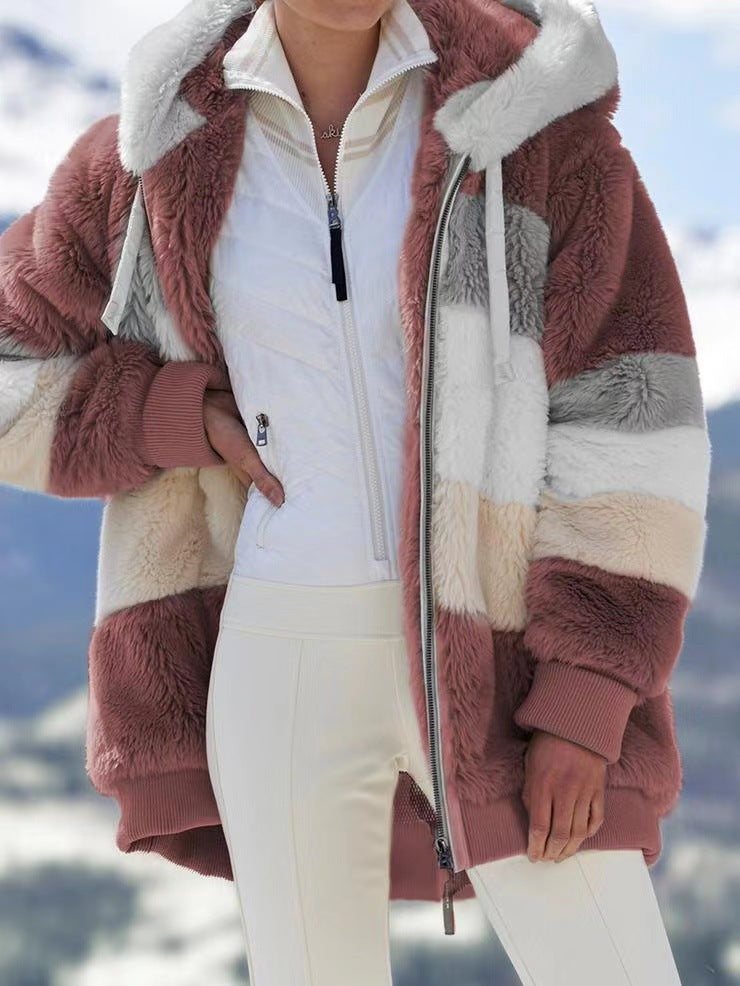 Damen nan oversized Kapuzenjacke aus Kunstfell mit Colourblock-Design, Zweiwege-Reißverschluss und Rippbündchen Drune