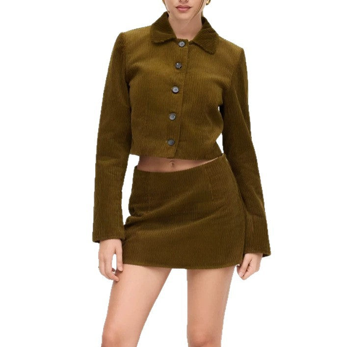 Damen Plissierte Kurzjacke mit Hemdkragen und umgeschlagenen Manschetten Drune