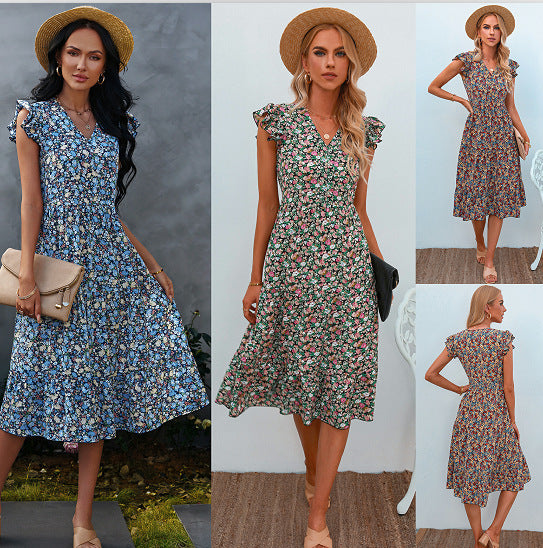Damen A-Linien Kleid mit voluminösen Rüschenärmeln und floralen Details Drune