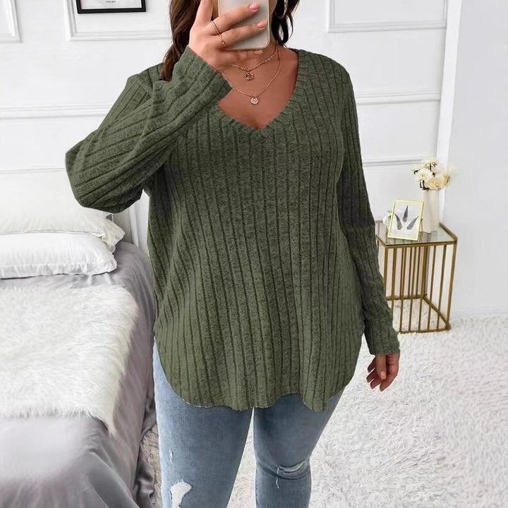 Damen Langarm V-Ausschnitt Shirt mit feiner Rippstruktur Drune