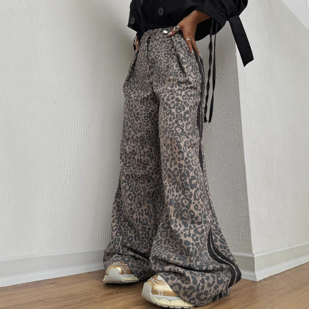 Damen weite Leoparden-Trackpants mit elastischem Bund und seitlichen Kontraststreifen Drune