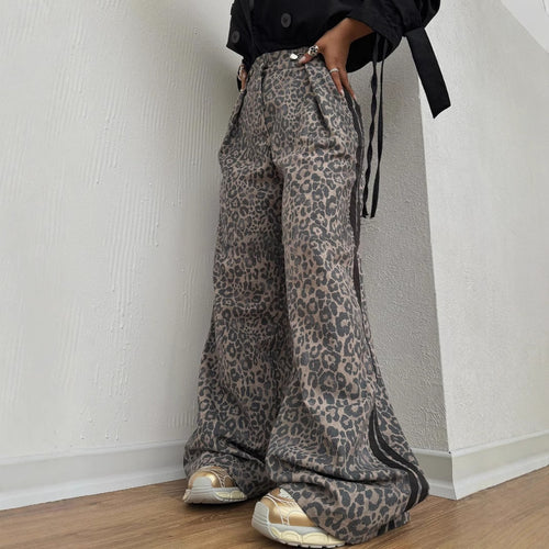 Damen weite Leoparden-Trackpants mit elastischem Bund und seitlichen Kontraststreifen Drune