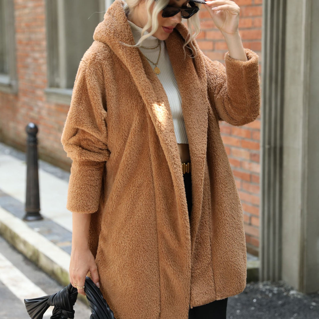 Damen Kuscheliger Oversize-Mantel aus weichem Plüsch mit großem Kragen Drune