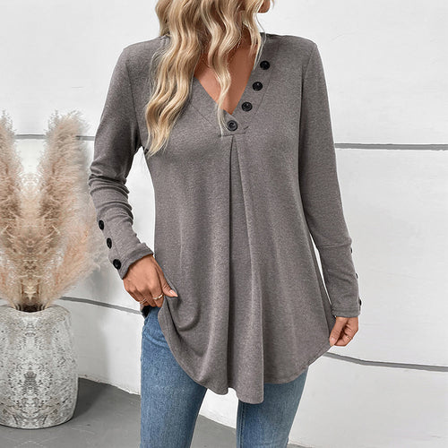 Damen Längeres V‑Ausschnitt‑Tunika‑Shirt mit Zierknöpfen, Kellerfalte und ausgestelltem Saum Drune