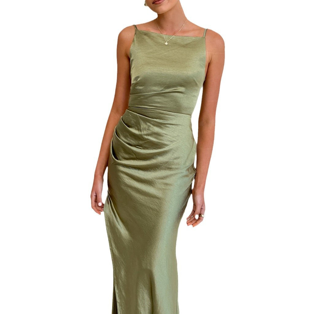 Damen Elegantes Satin-Maxikleid mit seitlichem Schlitz und schmalen Spaghettiträgern Drune