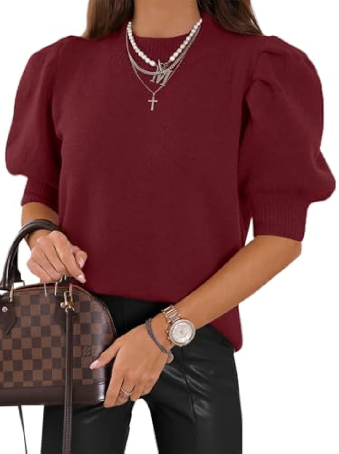 Damen Kurzgeschnitteter Feinstrickpullover mit Puffärmeln und Rippbündchen Drune