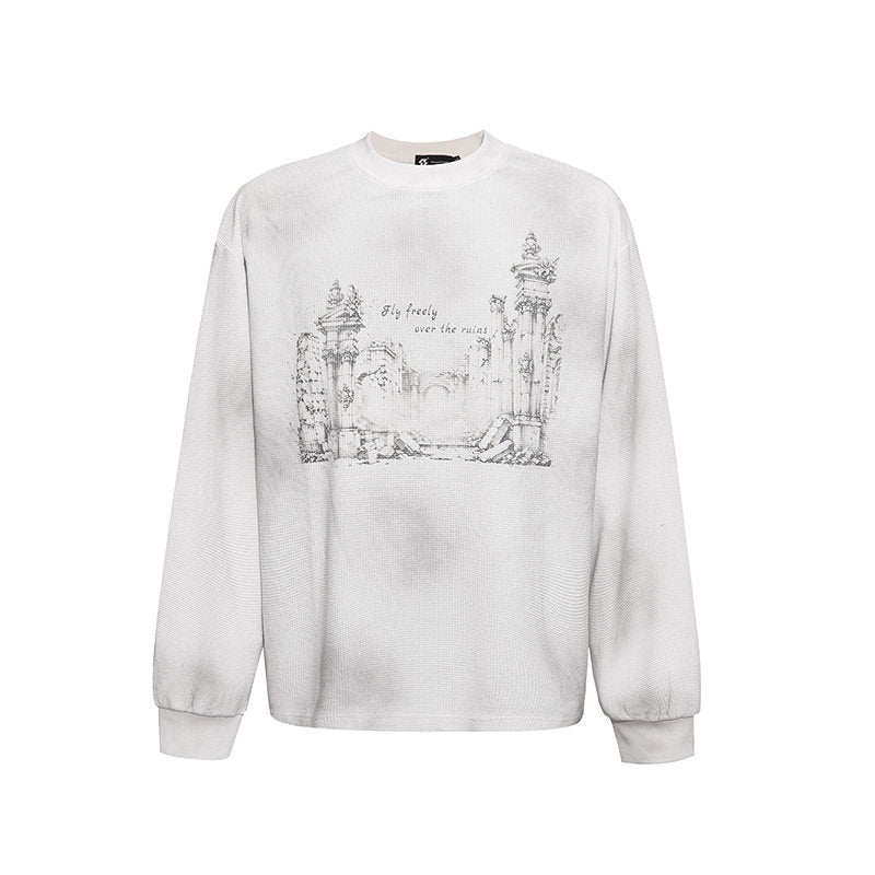 Damen Oversize-Sweatshirt mit Waffelstruktur, Rundhalsausschnitt und Ruinen-Skizzenprint Drune