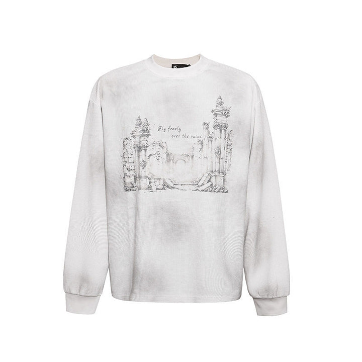 Damen Oversize-Sweatshirt mit Waffelstruktur, Rundhalsausschnitt und Ruinen-Skizzenprint Drune