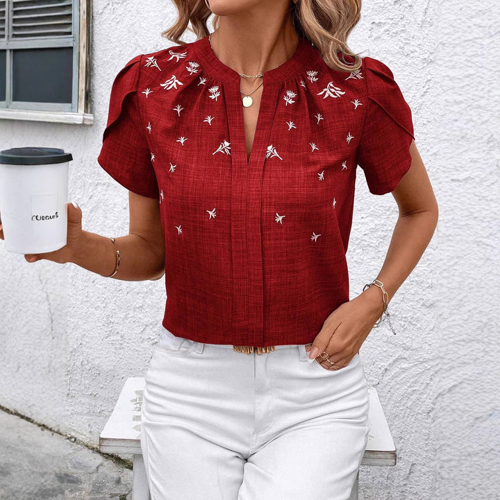 Damen Kurzbluse aus Leinenoptik mit Stehkragen, Zierfalte und floraler Stickerei Drune