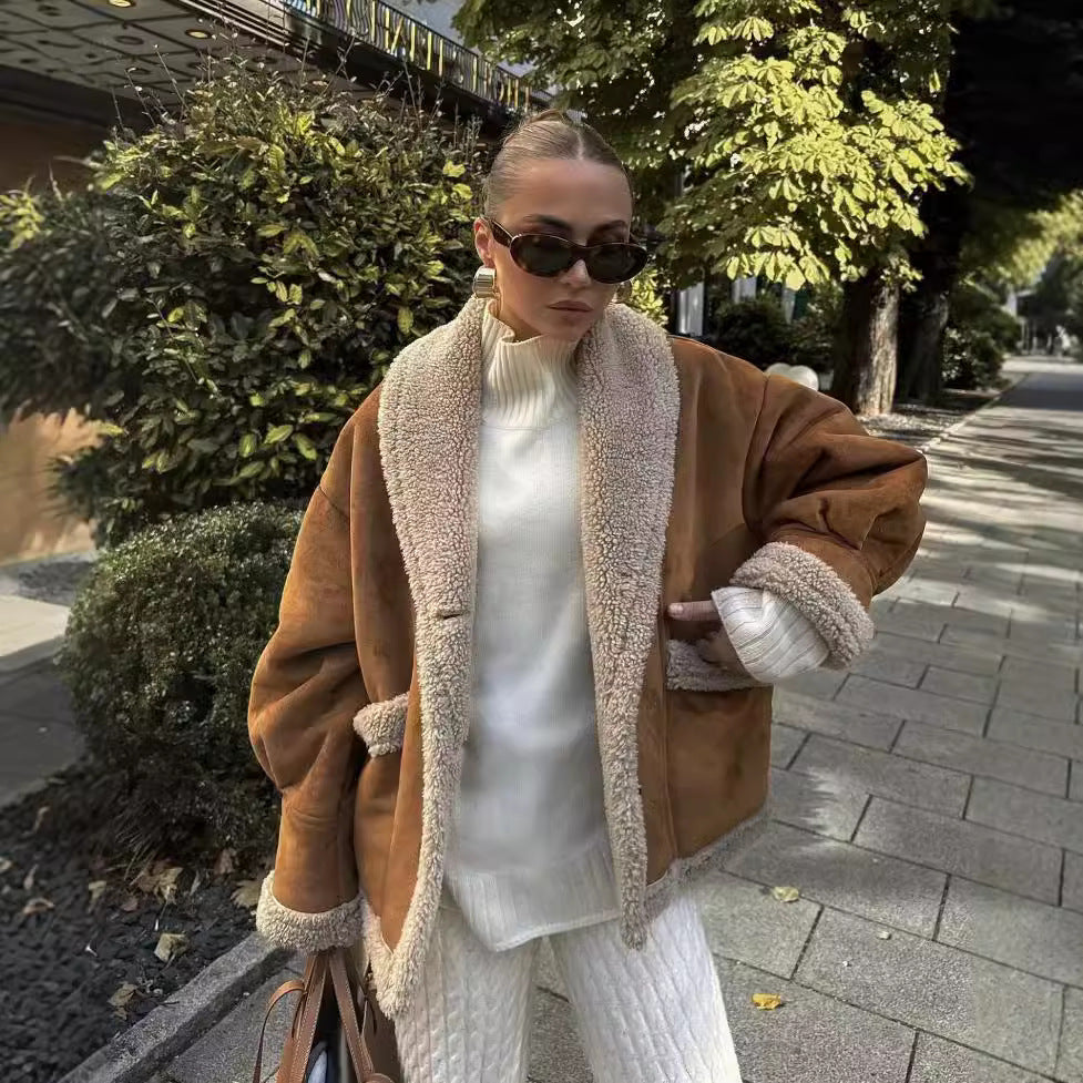 Damen Kurzjacke mit Teddy-Futter, Schalkragen und Oversize-Schnitt Drune