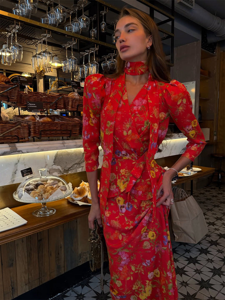 Damen Wickel-Maxikleid mit floralem Print, Puffärmeln und Schalkragen Drune