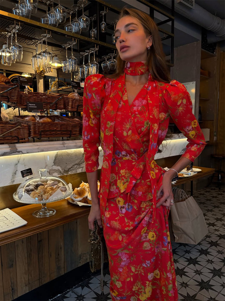 Damen Wickel-Maxikleid mit floralem Print, Puffärmeln und Schalkragen Drune