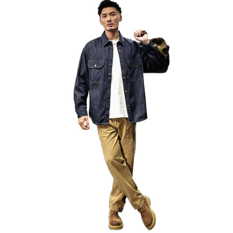 Herren Jeans-Worker-Hemdenjacke mit Druckknopfleiste und Overshirt-Schnitt Drune
