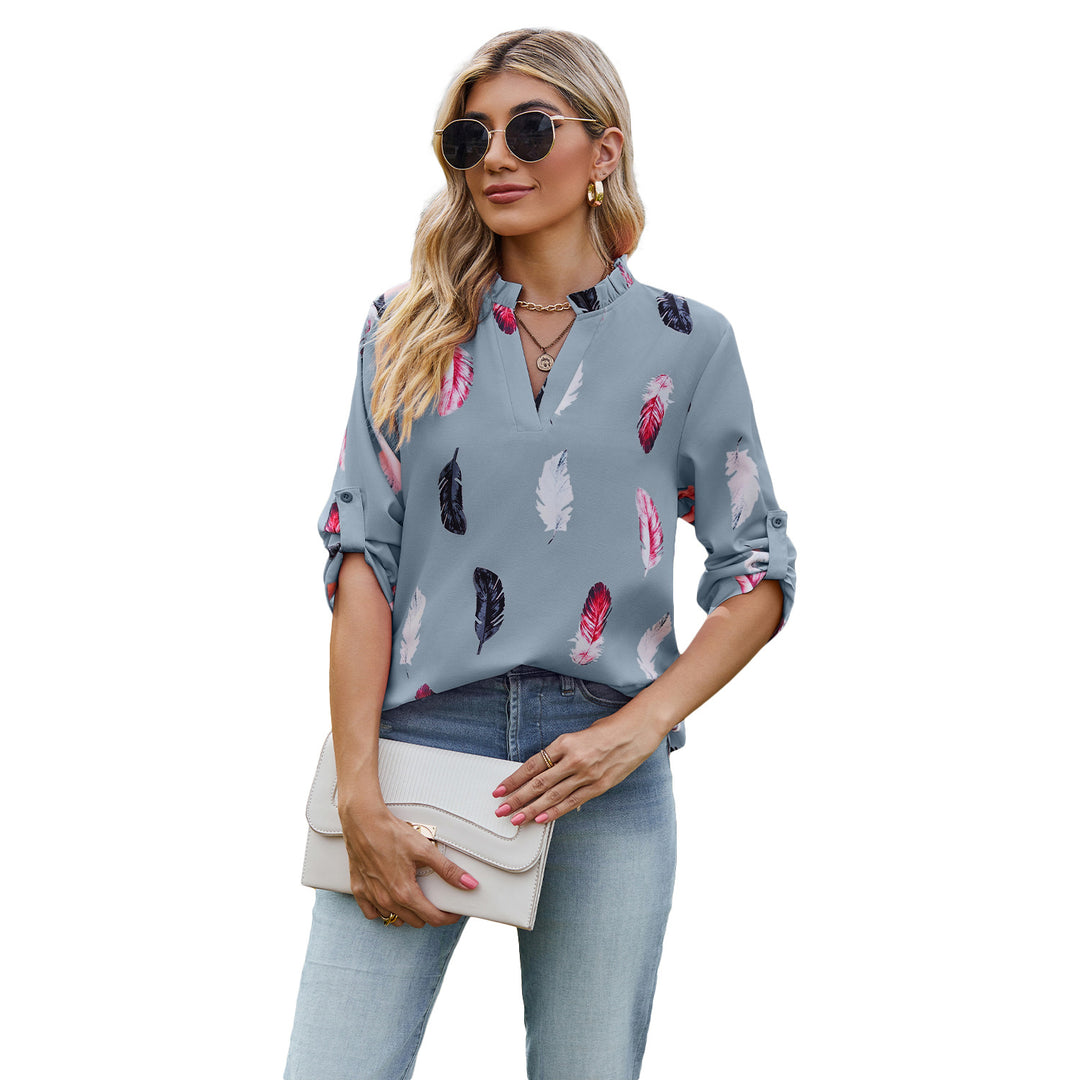 Damen Bluse mit eleganten Federmuster und halben Ärmeln Drune