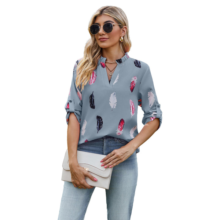 Damen Bluse mit eleganten Federmuster und halben Ärmeln Drune