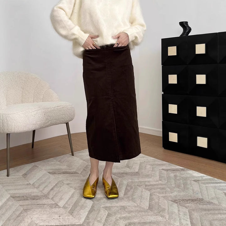 Damen Eleganter Cord Midi-Rock mit Schlitz Drune