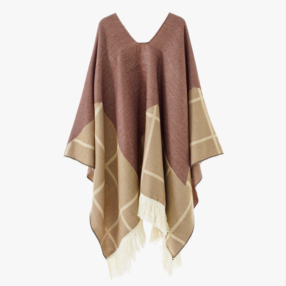 Damen Ornamentaler Jacquard‑Poncho mit V‑Ausschnitt und Fransensaum Drune