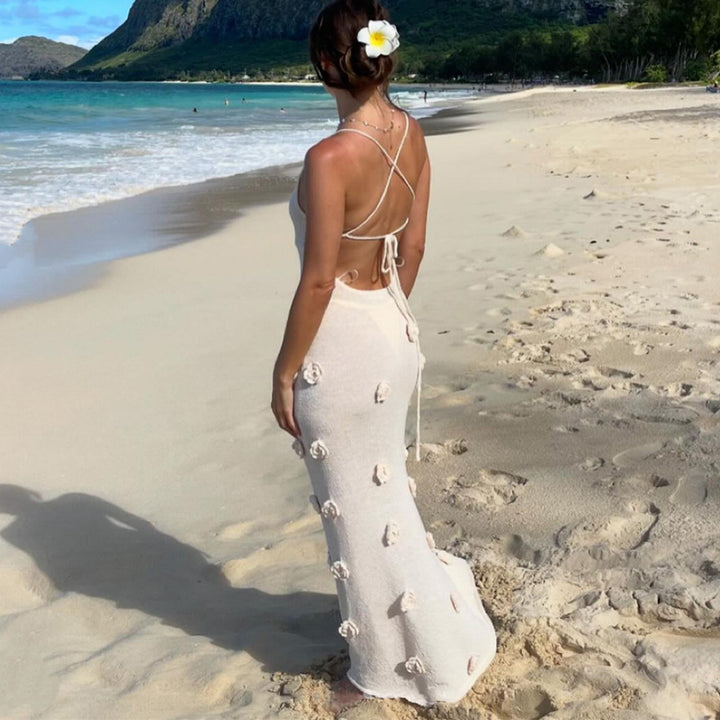 Damen Elegantes gehäkeltes Maxikleid mit floralen Applikationen Drune